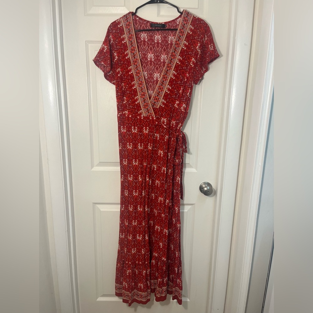 Bohemian Floral Printed Wrap V Neck Maxi Dress - Red - Size Medium